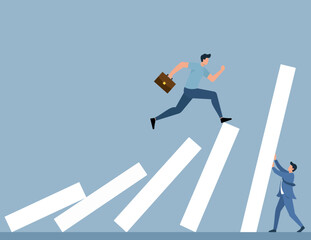 Businessman Overcoming Falling Domino Chain Reaction in Flat Vector Illustration, Domino Effect, Crisis Management, Overcoming Obstacles, Business Risk, Strategic Leap
