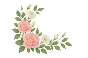Watercolor rose and eustoma floral corner. Hand painted flower arrangement with green leaves, transparent background