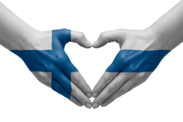 Patriotic hands forming heart shape painted with the Finland flag, symbolizing love for Finland and Finnish heritage