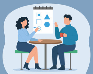 Flat Vector Illustration of Colleagues Brainstorming Ideas with Shapes on Flipchart at Meeting Table, Brainstorming Session, Collaborative Discussion, Idea Presentation, Shape-Based Planning,