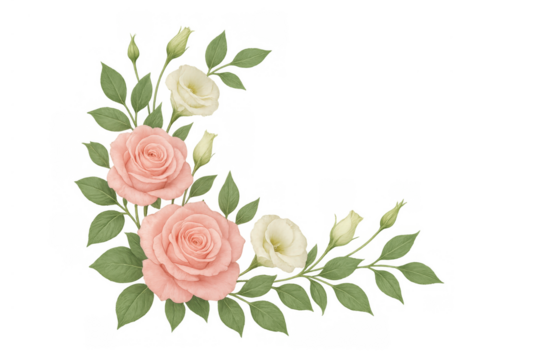Watercolor rose and eustoma floral corner. Hand painted flower arrangement with green leaves, transparent background - Powered by Adobe