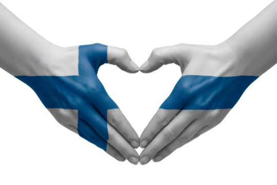 Patriotic hands forming heart shape painted with the Finland flag, symbolizing love for Finland and Finnish heritage