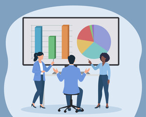 Business Team Analyzing Charts in Flat Vector Illustration, Data Presentation, Team Collaboration, Business Analytics, Chart Visualization, Professional Meeting,