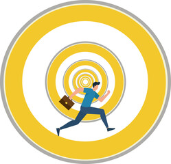 Businessman Sprinting Toward Concentric Yellow Targets in Flat Vector Style, Focus, Goal Pursuit, Achievement Drive, Target Success, Ambition Rush