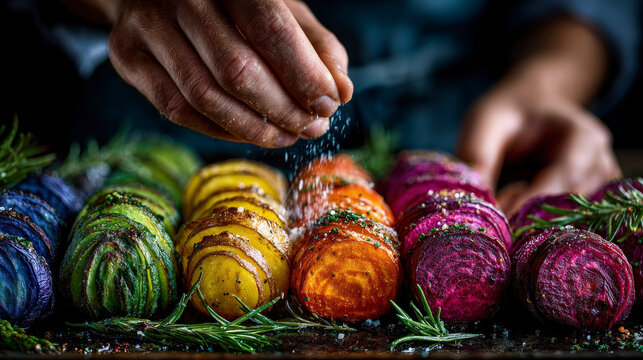 A person sprinkling salt on a plate of colorful vegetables
