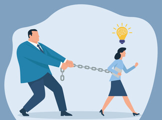 Corporate Control Over Innovation: Man Restraining Woman's Idea, Innovation Suppression, Gender Dynamics in Workplace, Idea Restraint, Corporate Oppression, Suppressed Creativity