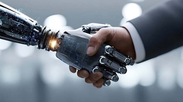 Human hand in a business suit shaking hands with a robotic arm, symbolizing artificial intelligence integration, partnership, and agreement in future technology and business - Powered by Adobe