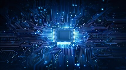 Central processing unit on a glowing circuit board symbolizing advanced computing, ai, data flow and connectivity with blue lines highlighting speed, power and networked intelligence