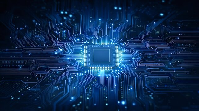Central processing unit on a glowing circuit board symbolizing advanced computing, ai, data flow and connectivity with blue lines highlighting speed, power and networked intelligence
