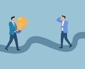 Business Innovation Journey: Two suited men on a wavy path, one holding a lightbulb idea while the other scratches his head in confusion, Idea Generation, Problem Solving, Creative Thinking