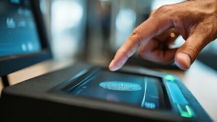 Closeup of fingerprint scanner being used by employee to unlock secure workstation highlighting modern identity verification methods in a corporate setting. - Powered by Adobe