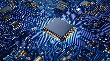 Central processing unit with glowing blue connections on a dark circuit board, representing advanced technology, artificial intelligence, and global digital communication networks