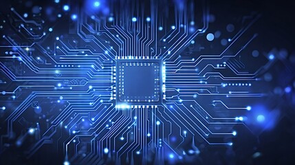 Central processing unit integrating into a glowing blue circuit board, representing advanced technology, artificial intelligence, data flow, and modern communication infrastructure