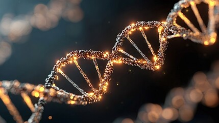 Dna double helix structure, formed by glowing abstract particles, symbolizing genetic research, bioinformatics, biotechnology, and the future of science and medicine