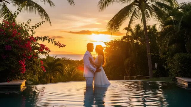 Two individuals embrace lovingly while standing in a pool as the sun sets behind them
