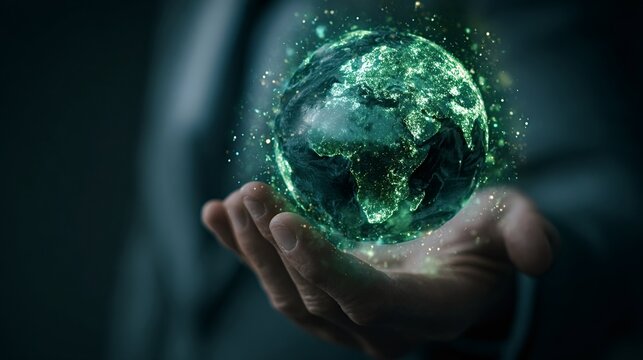 Human hand presents a glowing green globe with continents and sparkling particles, symbolizing global sustainability, technology, connectivity, and environmental responsibility