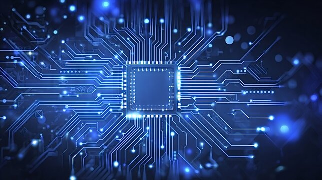 Central processing unit integrating into a glowing blue circuit board, representing advanced technology, artificial intelligence, data flow, and modern communication infrastructure