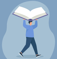 Man Walking with Giant Open Book Overhead in Flat Vector Style, Burden of Knowledge, Educational Journey, Wisdom Carrier, Learning Adventure, Intellectual Load