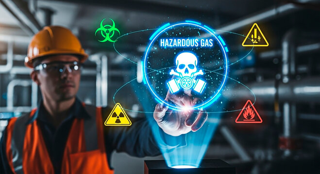 An industrial worker interacting with a Hazardous Gas warning in a factory for the concept of safety.