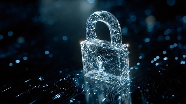 Digital padlock formed by glowing lines and dots symbolizing data security, network protection, and confidential information encryption in a globalized internet environment