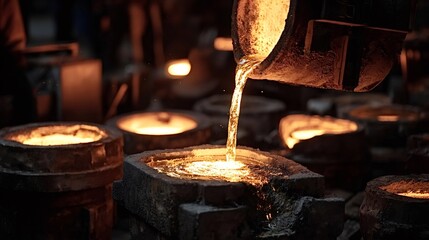 Molten metal pouring from a ladle into a sand cast mold, creating a stream of glowing liquid in a dark industrial environment, showcasing the casting process