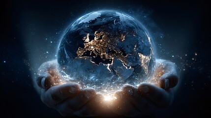 Hands gently cradling a glowing planet earth, depicting care, environmental protection, growth, and divine creation of a sustainable future with vibrant city lights