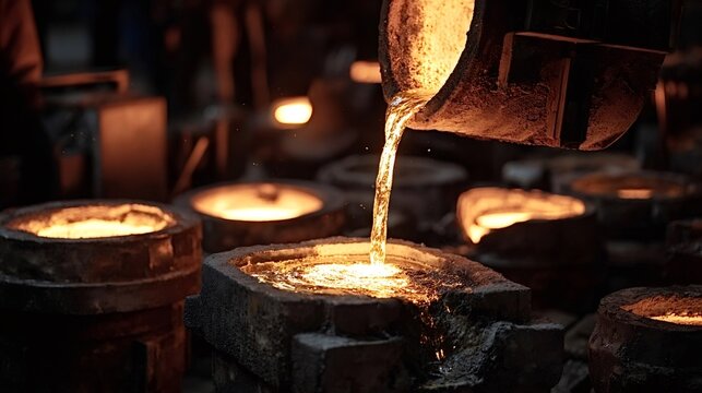 Molten metal pouring from a ladle into a sand cast mold, creating a stream of glowing liquid in a dark industrial environment, showcasing the casting process - Powered by Adobe