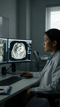 A medical expert carefully reviews CT scans on multiple monitors in a well-equipped clinic