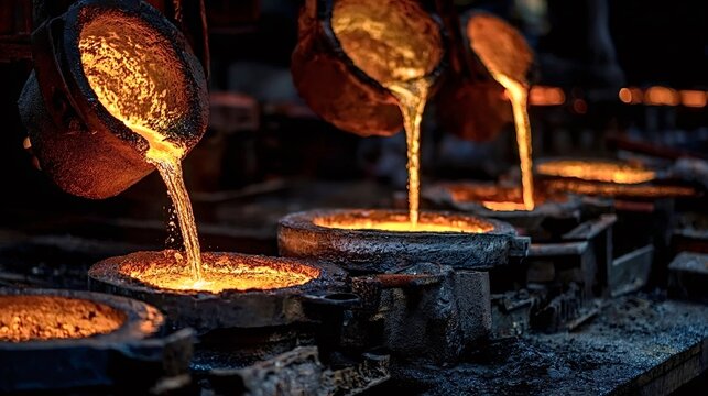 Molten metal pouring from ladles into casting molds, illustrating industrial metallurgy, precision manufacturing, and the intensive heat of a steelwork factory environment