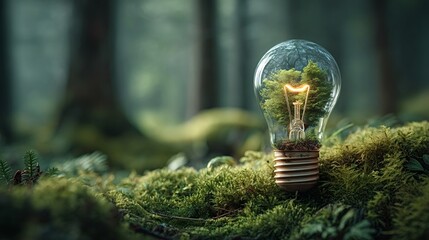Light bulb enclosing a vibrant small tree with glow inside, representing innovative ideas for green energy, sustainability, and environmental solutions, resting on lush green moss in a forest