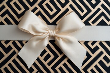 Present wrapped in black and gold geometric pattern paper, tied with a cream satin bow, creating a luxurious background