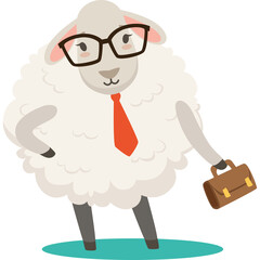 A White Sheep Wearing Glasses and a Red Tie Holds a Briefcase Ready for Business on a Transparent Background