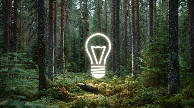 Glowing light bulb in a verdant pine woodland symbolizing sustainable innovation and green energy solutions, environmental awareness, and nature inspired conservation ideas