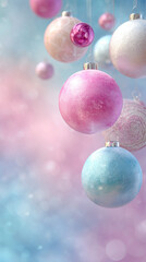 Fototapeta premium Sparkling holiday ornaments in soft pastel hues evoke festive cheer and elegant celebration for winter events and joyous occasions.