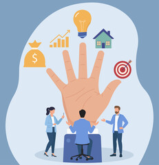 Business Team Meeting with Symbolic Hand of Success Icons in Flat Vector Style, Finance, Growth, Innovation, Property, Goals