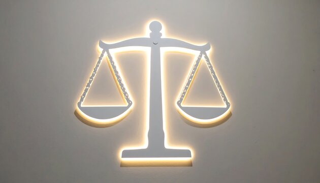 Minimalist relief wall with illuminated balance scales concept art