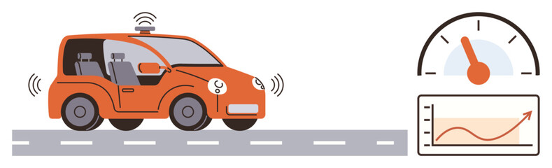 Self-driving car using sensors on a road, data visualizations of speedometer and performance graph. Ideal for technology, transportation, innovation, automation, future mobility, AI progress. Simple