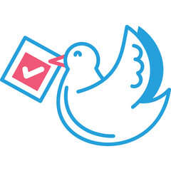 A white dove with blue outlines carries a pink square with a white checkmark in its beak against a transparent background symbolizing peace and success