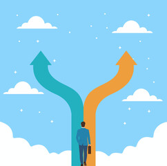 Businessman Facing Divergent Paths in Sky (Flat Vector Illustration) Decision Making, Career Choices, Future Paths, Opportunity Split, Life Crossroads