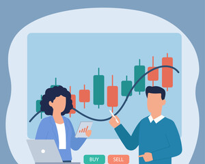 Flat Vector Illustration of Colleagues Analyzing Rising Stock Market Candlestick Chart with Buy/Sell Options, Stock Trading Analysis, Candlestick Chart Patterns, Buy and Sell Decisions