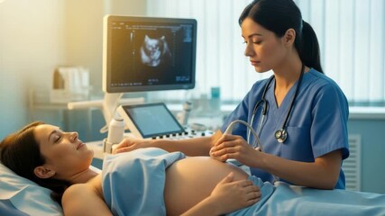 A doctor performs an ultrasound on a pregnant woman in a comforting clinic setting during the day
