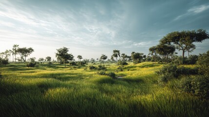 Obraz premium Scenic view of a vibrant grassy meadow with scattered trees under a cloudy sky