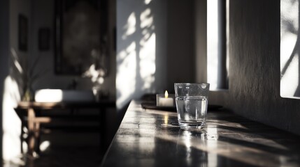 A Moment of Serenity: Glass of Water in Light-Drenched Interior Scene