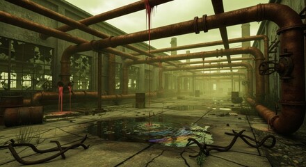 Fototapeta premium An abandoned industrial facility with rusty pipes and hazardous waste spills.
