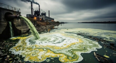 Industrial waste discharge pollutes river water, causing environmental damage and ecological harm.