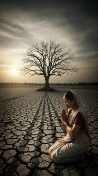 A woman kneels in prayer on cracked earth at sunset, hoping for rain in a dry region
