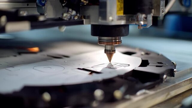 Medium shot capturing the die cutting process of customshaped printed goods emphasizing machinery and craftsmanship in creating unique promotional items.