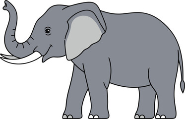 a gray cartoon elephant with large tusks and a raised trunk, standing and looking happy.