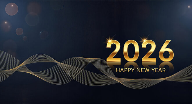Festive New Year 2026 celebration with golden numbers and abstract wave design on elegant black background.