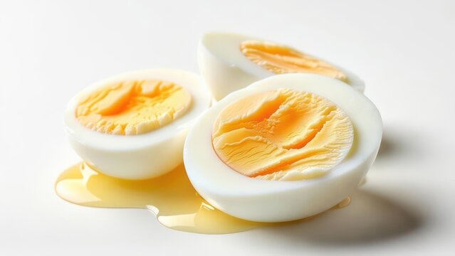 Close up of a perfectly cooked hard boiled egg cut in half showing the bright yellow yolk and white albumen on a white background with some liquid.